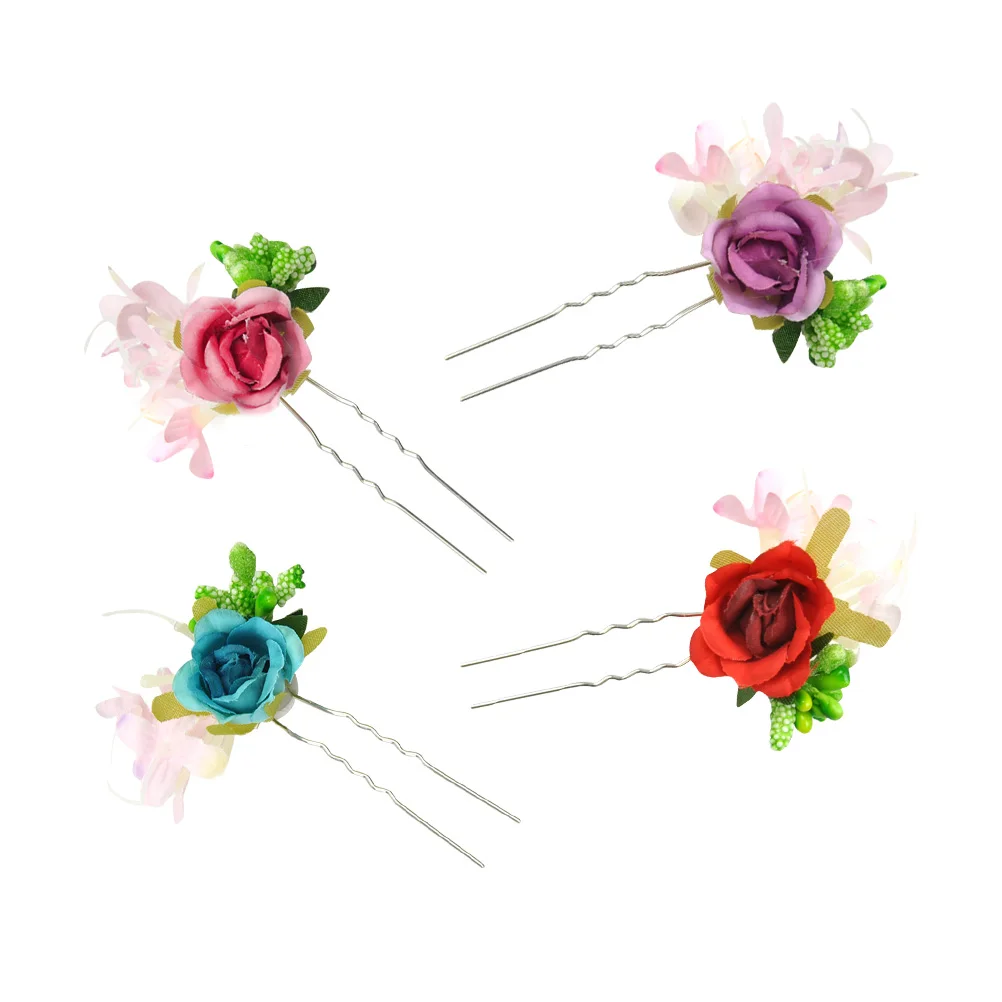

4Pcs UShaped Bridal Wedding Delicate WomenFloral HairpinFlowerZan Flower Hairpin Elegant Fabric Alloy Decoration