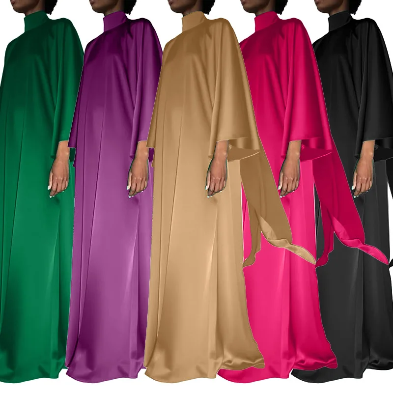 Robe en Satin à Col Haut pour Femme Musulmane, Vêtement du Moyen-Orient