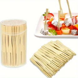 100 Pcs Bamboo Mini Cakes, Pastries, Forks, Desserts, Two-tooth Forks, Disposable Double Prong Fruit Cocktail Forks