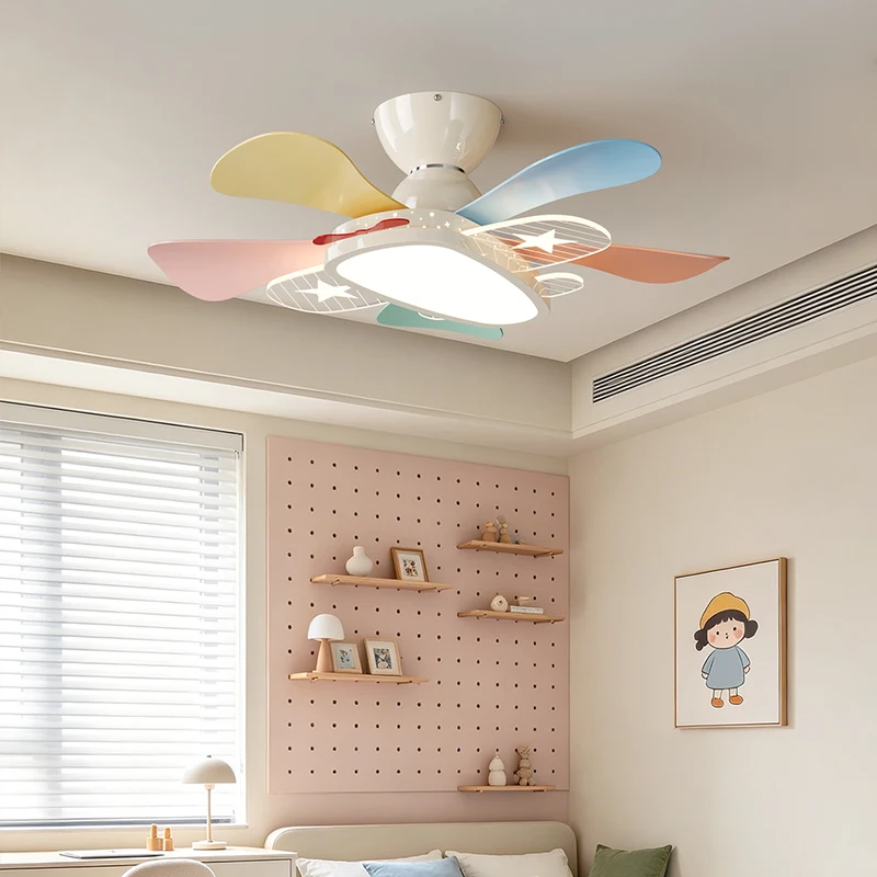 Memphis Style Macaron Color Crown Design Silent Variable Speed Integrated Ceiling Fans Light For Girl's Bedroom Children's Room