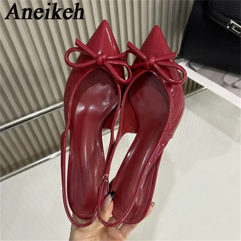 Aneikeh Street Style Sexy Red Pointed Toe High Heels Women Bow Shallow Fashion Slingbacks Shoe Sandals Pumps Dress Wedding Mules