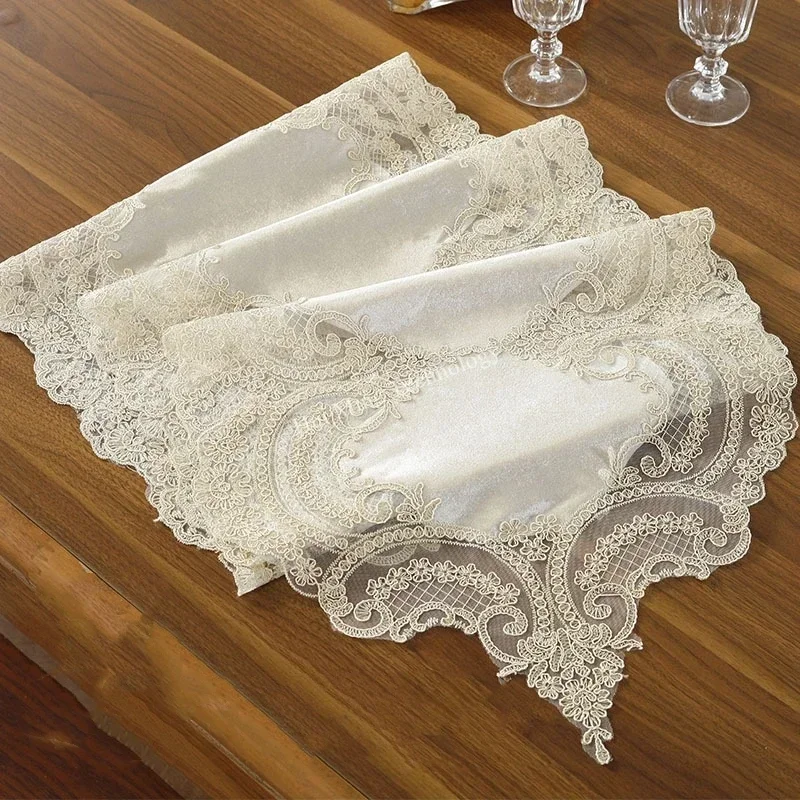 Table Runner For Dining Table Cloth Runners Beige Gold Velvet Europe Embroidered Classical Table Flag Lace Home Decoration