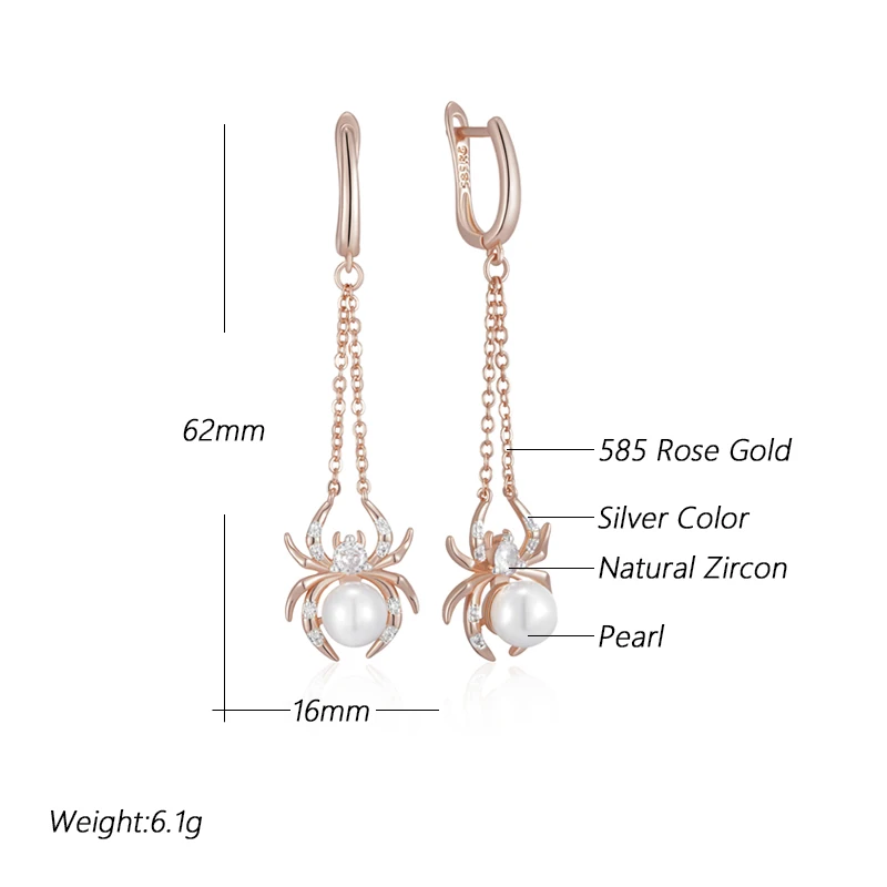 Kinel Hot Spider Pearl Tassel Dangle Earrings for Women Fashion 585 Rose Gold Silver Color Mix With Natural Zircon Punk Jewelry