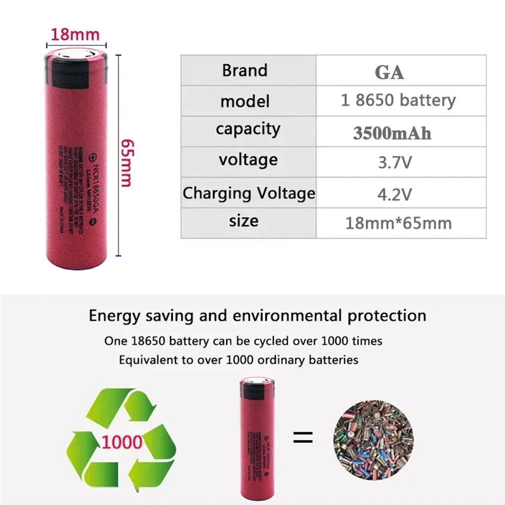 18650 recharable battery 3,7V, Batterie de lampe de poche au lithium d\'origine, 18650, 3500mAh, NCR18650GA3500mAh18650 battery