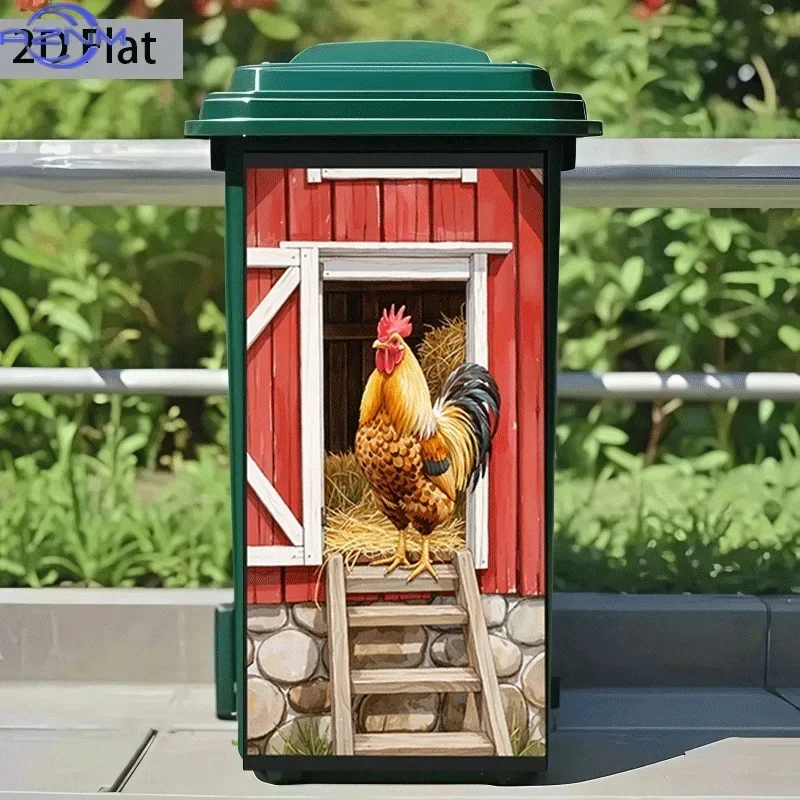 2D 1PC Flat Printing 1pc Trash Can Sticker ×cm Red Rooster Climbing Ladder Theme Design Self-Adhesive Wall Decal Wallpaper Kit
