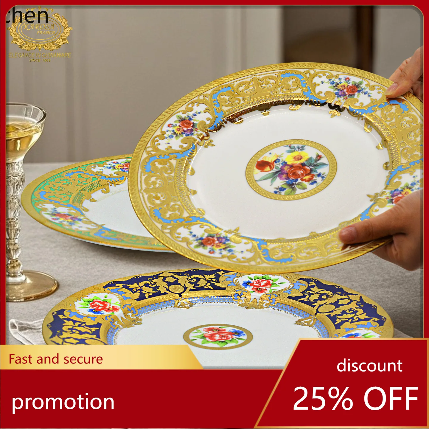 

ZML Bone Porcelain Embossed Gold 12inch Flat Plate Steak Plate Salad Plate Round Plate