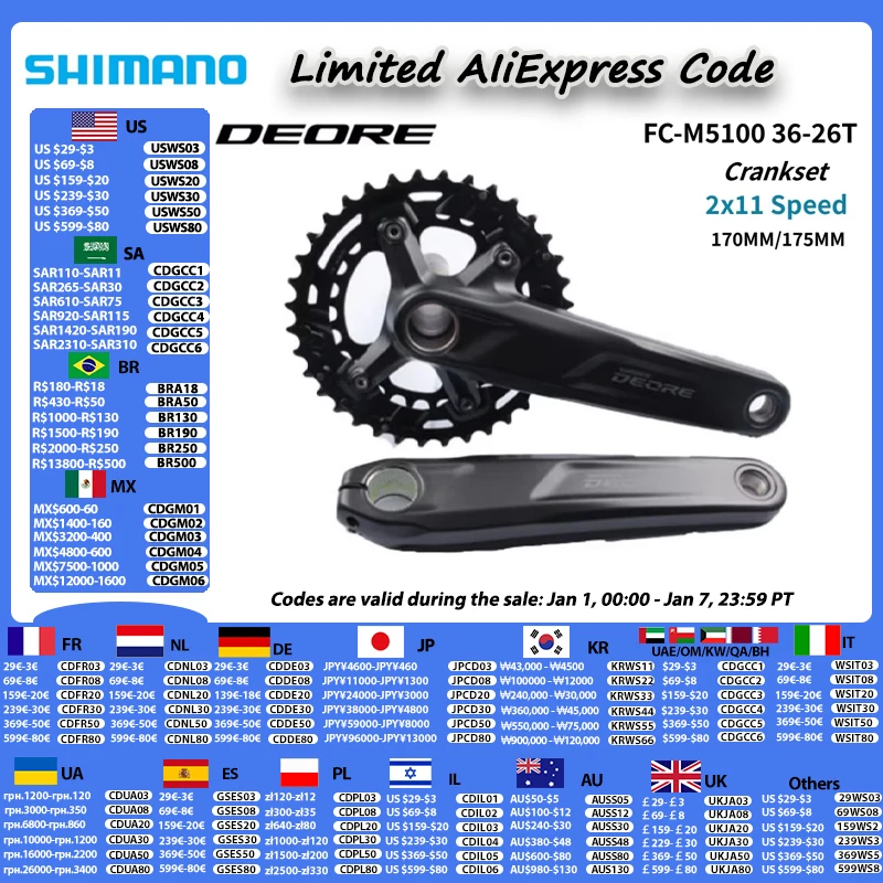 SHIMANO DEORE M5100 Crankset FC-M5100-2 Chainring 2x11 Speed 170MM/175MM 36-26T Crank For MTB Original Bicycle Bike Parts