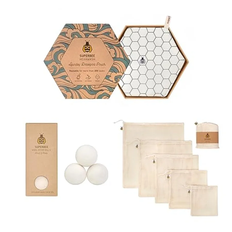 

SuperBee Eco Laundry Travel Kit for Sensitive Skin Chemical-Free Natural Fabric Softener 3 Wool Dryer Balls Cotton Mesh Laundry
