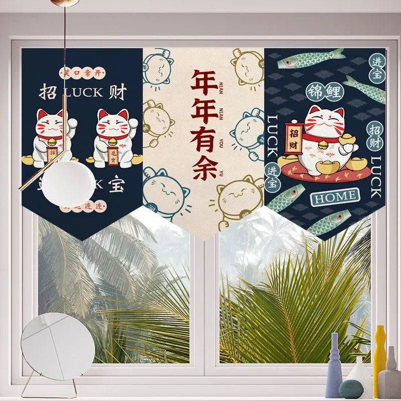 VIKAMA Cartoon Maneki Neko Triangle Hanging Flag Curtain Chinese New Year Pennant Shop Front Window Lucky Home Decor view 2