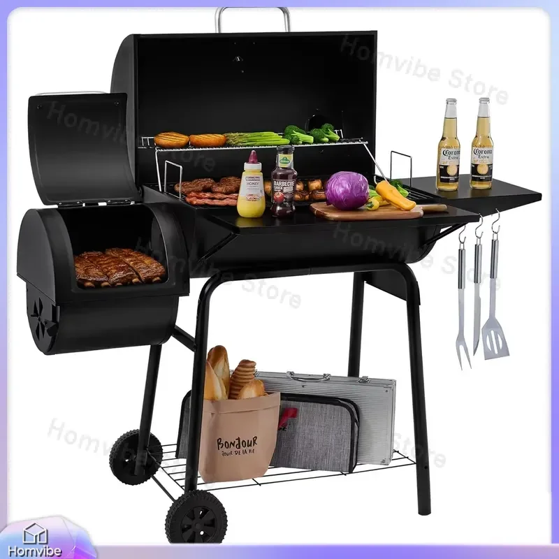 Charcoal Grill Offset Smoker with Large Cooking Area Barrel BBQ Grill Smoker Combo Outdoor Portable Backyard Patio Camping