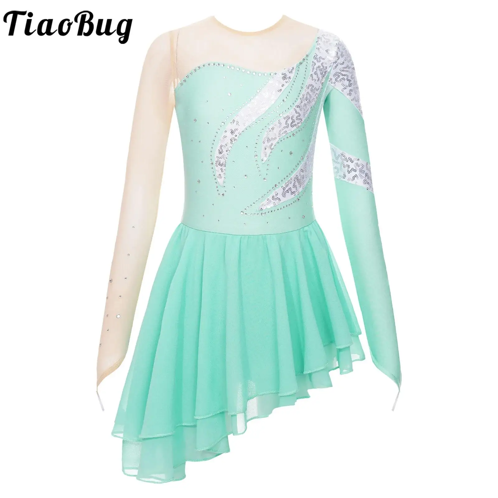 Vestido de patinaje sobre hielo para niñas, tutú de lentejuelas florales de manga larga, vestido de Ballet, leotardos de gimnasia, disfraz de