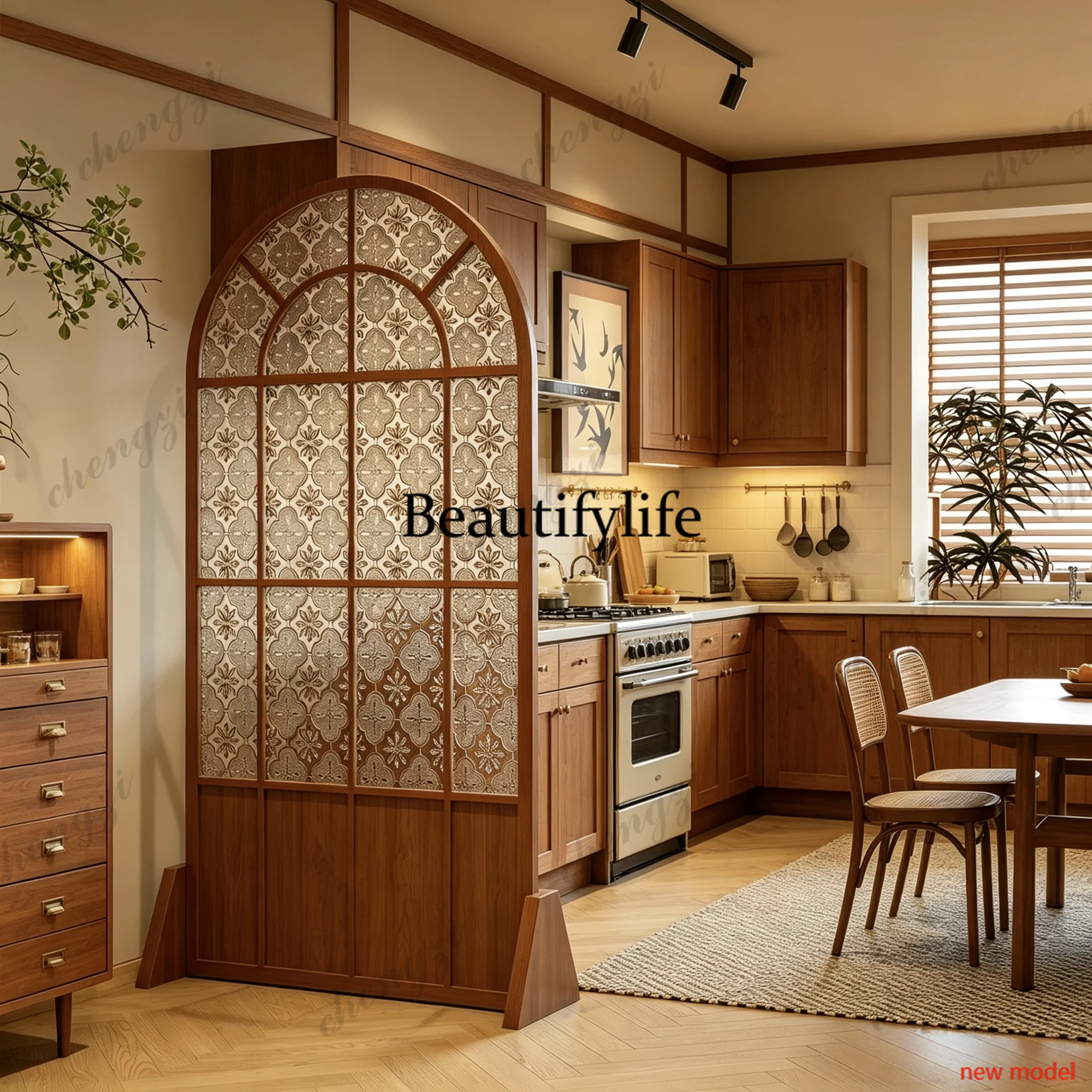 French medieval solid wood glass screen partition living room entrance entrance restaurant, movableN138