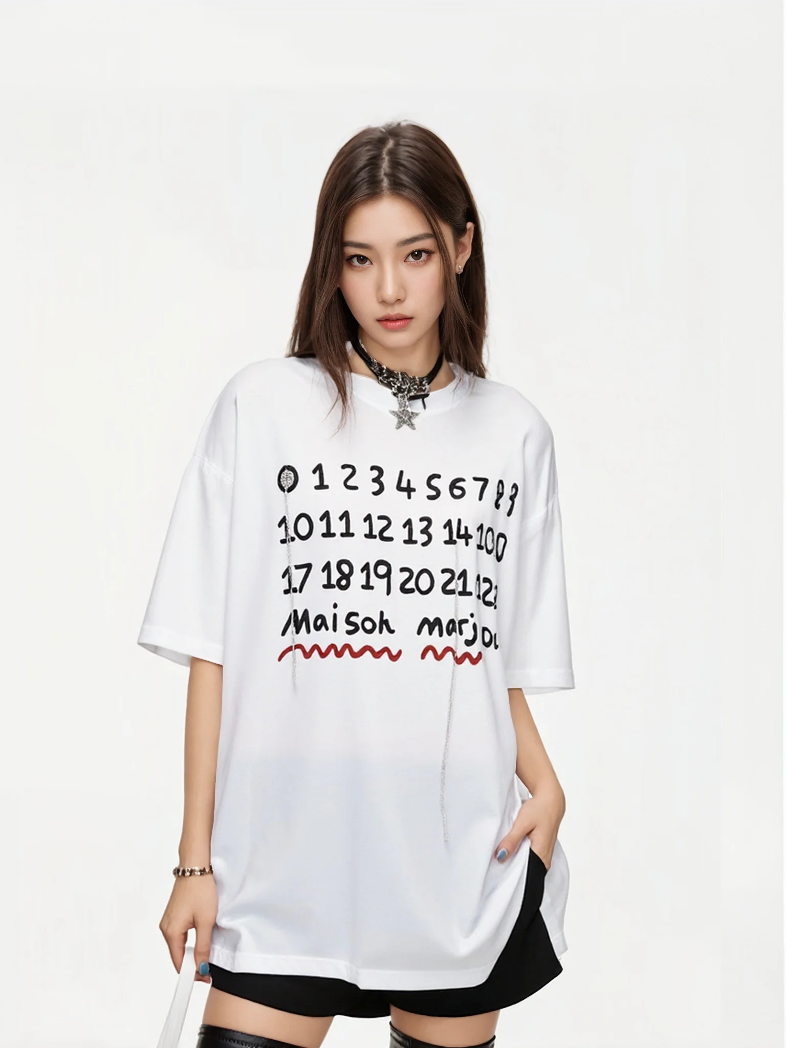 

Summer Casual Sle round Ne Loose Fit ort Sve T-irt White Cotton Printed Design Women's Faion Basic Crew Ne