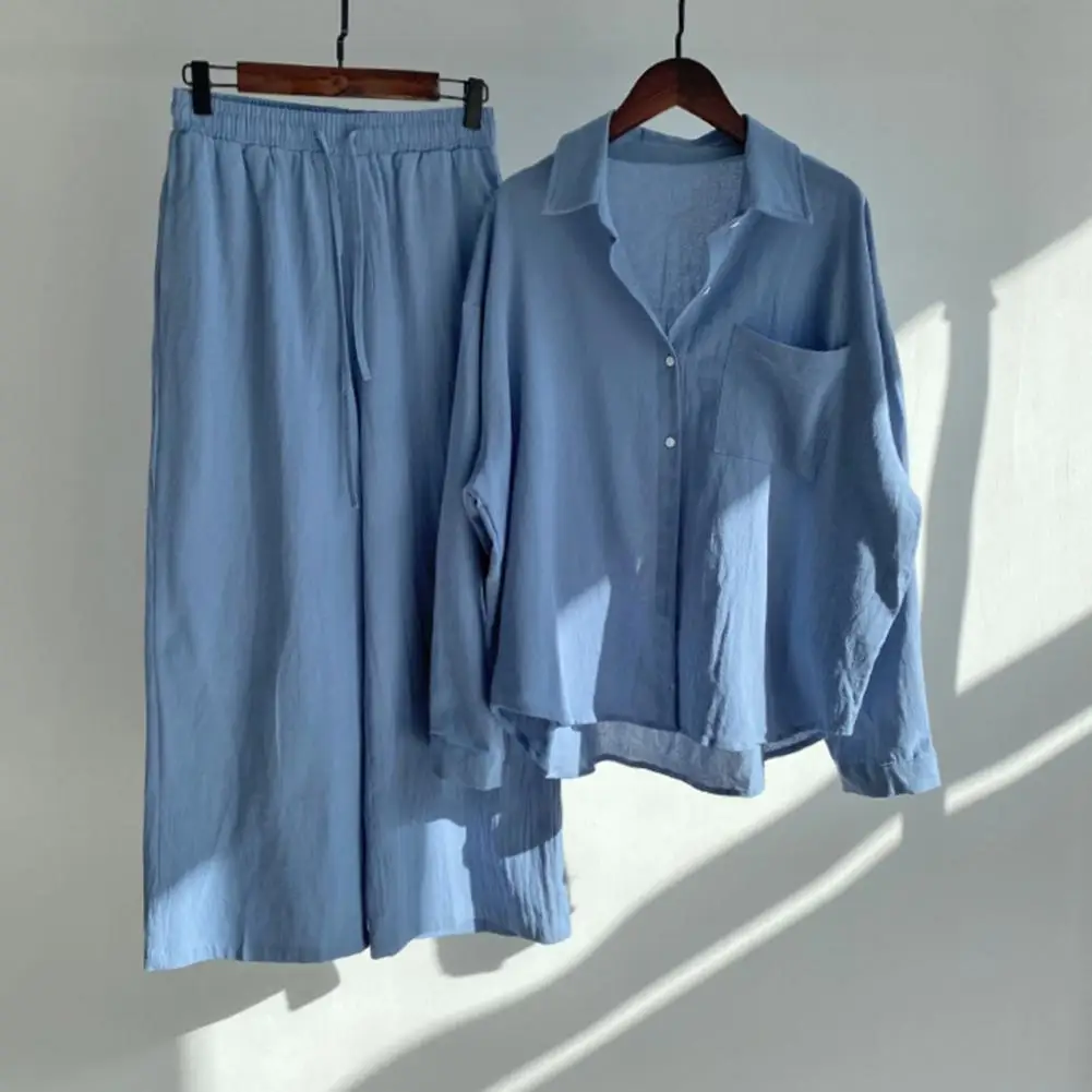 

2026 Spring Summer Women Two Piece Shirt Pants Set Button Down Long Sleeve Shirt Wide Leg Pants Set Casual Cotton Women Outfit
