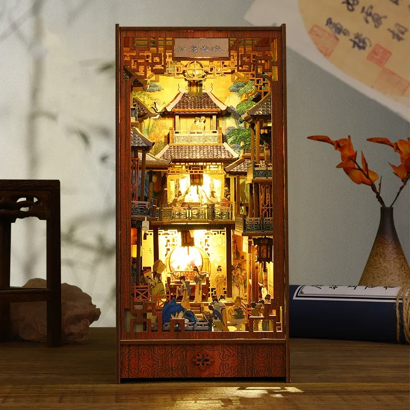 NEW DIY Wooden Book Nook Shelf Insert Miniature Building Kits Bookshelf Chinese Ancient Town Bookends Handmade Crafts Gifts