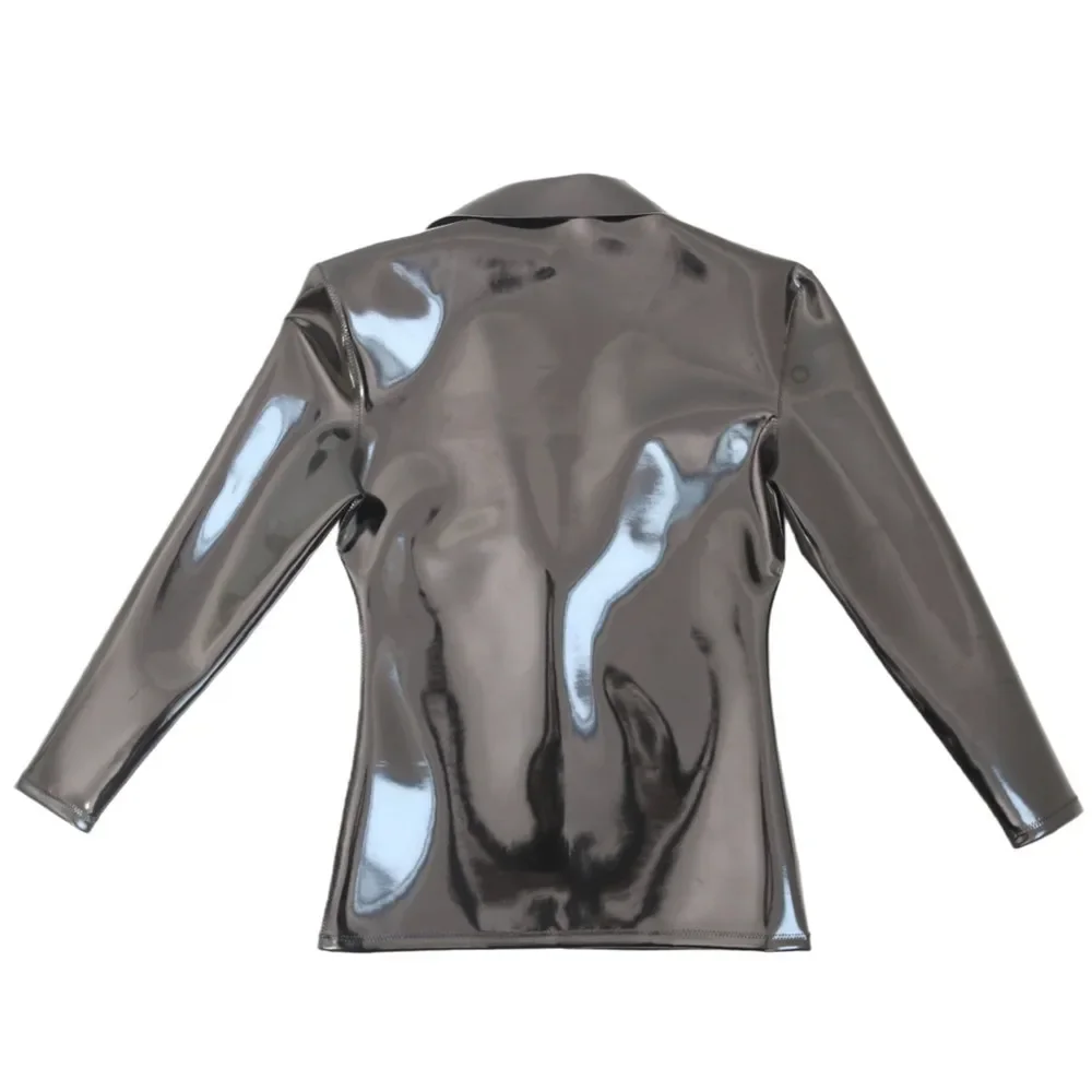 

Men Long Sleeve T-shirts Fashion PVC Cloth Latex Double Sided PU Shirts Tops Man Slim V Neck Nightclub Stage Wear Tops Male Sexy