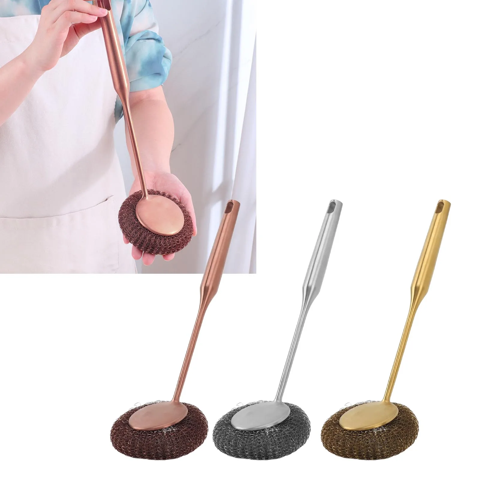 Cleaning Scrubber  Clean Long Handle Efficient 304 Stainless Steel Easy To Use Steel Wool Scrubber for Home