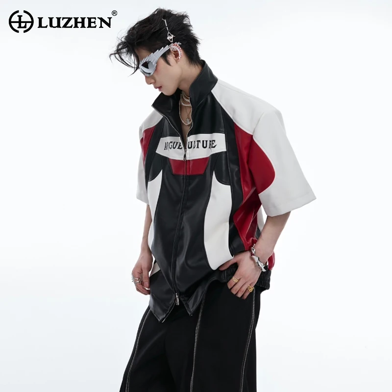 

LUZHEN High Street Fashion New Color Contrast Splicing Design Leather Short Sleeve Tops Men's 2024 Summer Stylish Shirt LZ4058