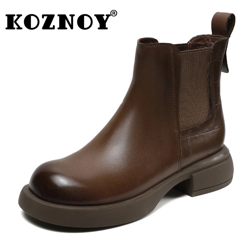 

Koznoy 4CM Cow Genuine Leather Women Autumn Chimney Chelsea Boots Spring Winter Fashion Plush Warm Ankle Mid Calf Booties Shoes