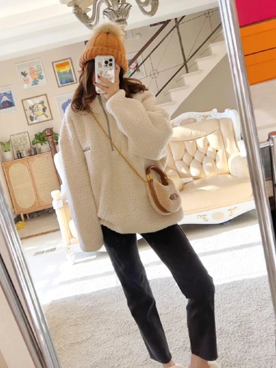 Retro Hong Kong Sle Loose Fit Casual f Zipper Felpa con cappuccio da donna Autunno Inverno Thi Calda pelliccia di agnello Jaet Pendolarismo Sle Pure...