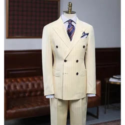 2 Piece Blazer Beige Vertical Stripes Men Suits High-end Peak Lapel Double Breasted Suit Slim Fit Business Casual Wedding Tuxedo