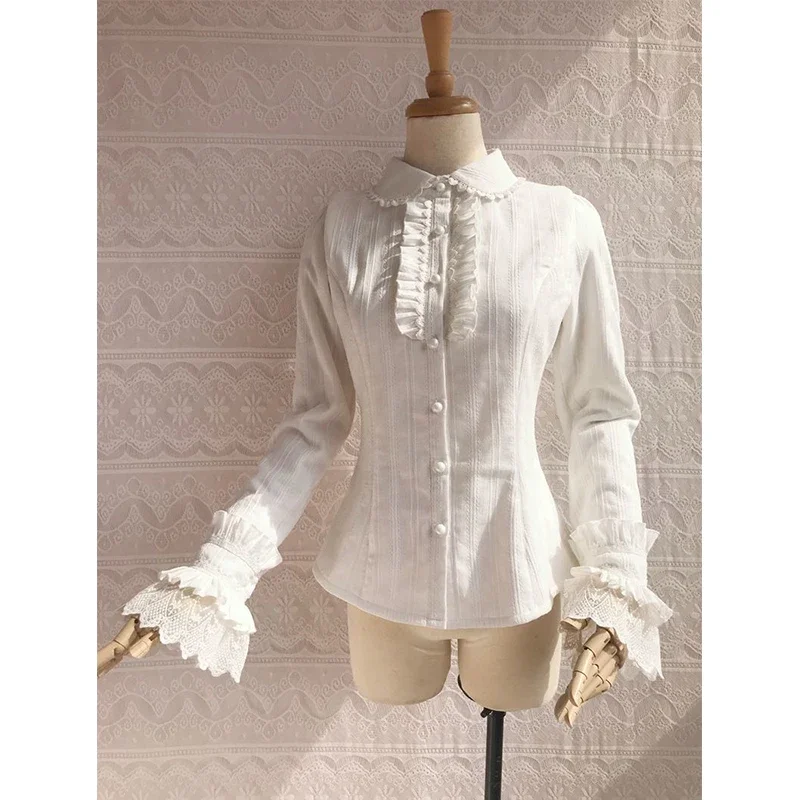 

Japanese Preppy White Shirts Women Vintage Victorian Elegant Lace Ruffles Blouses Sweet Lolita Long Sleeve Slim Crop Tops New