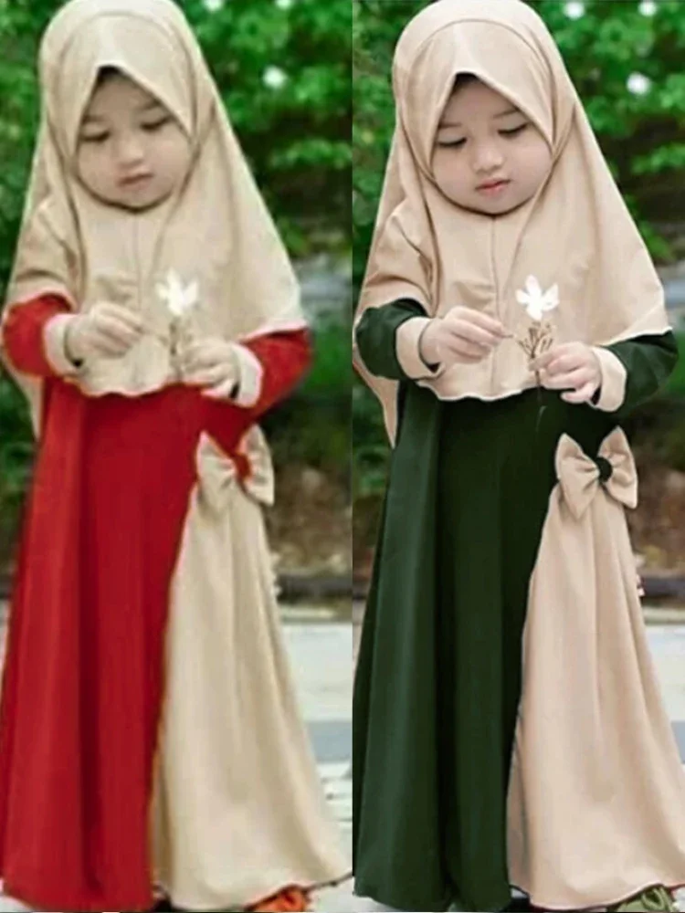 2Pcs Muslim Ramadan Prayer Dress Abaya Sets Children Girls Eid Khimar Hijab Arab Kids Long Robe Headscarf  Kaftan Gown jilbab