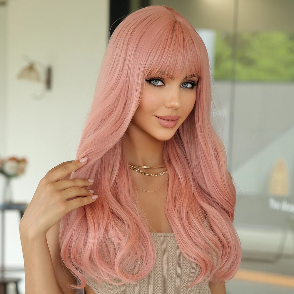 Craftourist Pink Wigs with Bangs Long Wavy Synthetic Wig for Women Cute Cosplay Daily Fake Hair Heat Resistant Fibe