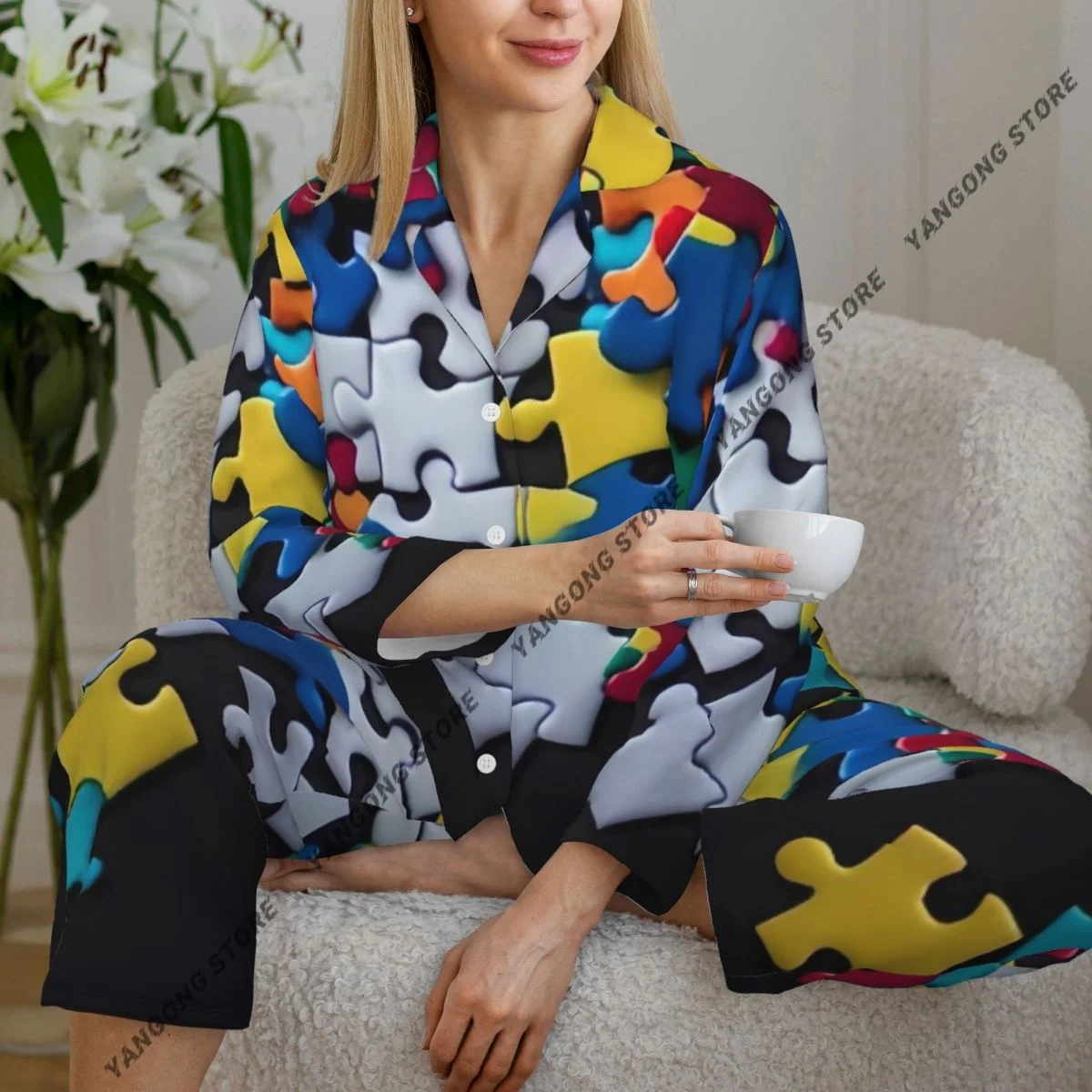 

Красочные женские пижамы-пазлы, домашняя одежда, одежда для сна из двух предметов, длинный пижамный комплект на пуговицах с длинными рукавами