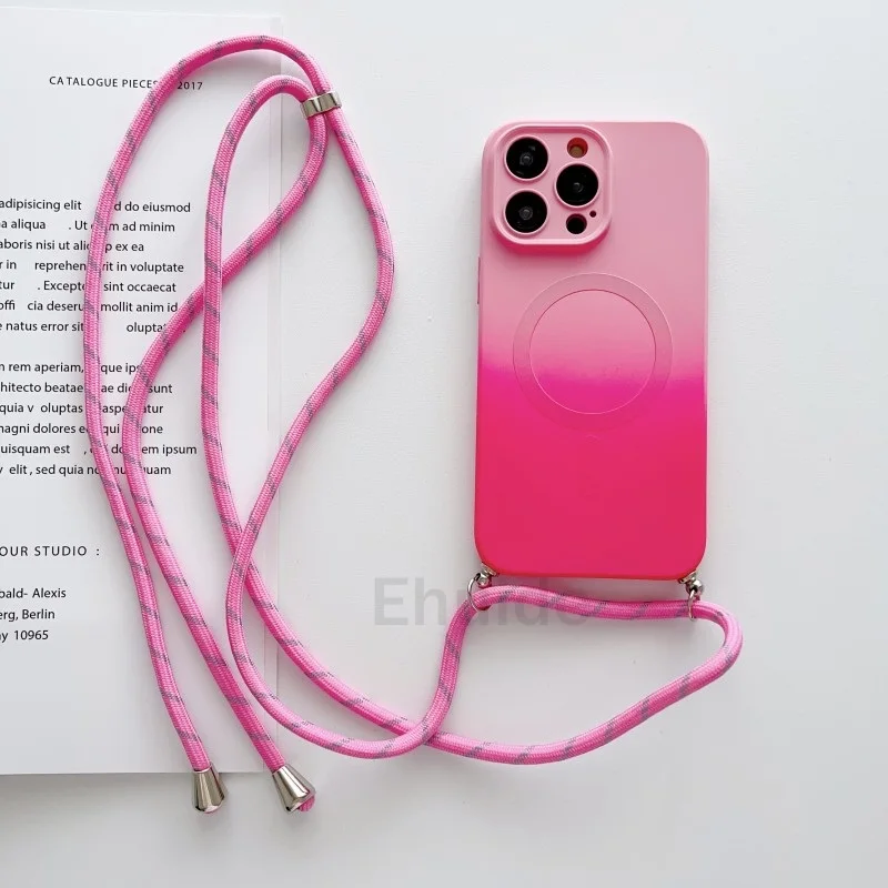 Crossbody Lanyard Case For Magsafe iPhone 16 14 13 12 Pro Max 11 15 Plus Magnetic Gradient Color Camera Protect Shockproof Cover