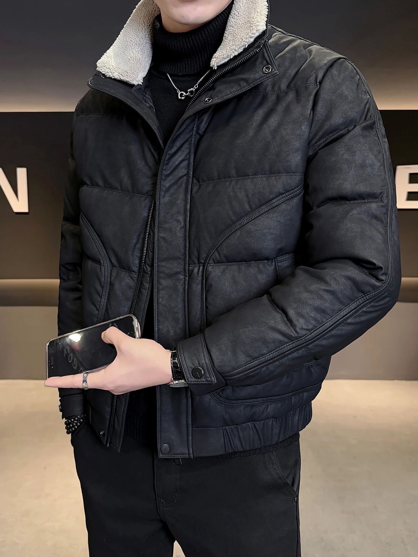 

Men's Thiened Winter down Jaet Removable Fur Collar Korean Sle Warm Outerwear Urban Casual Commuting Traveling