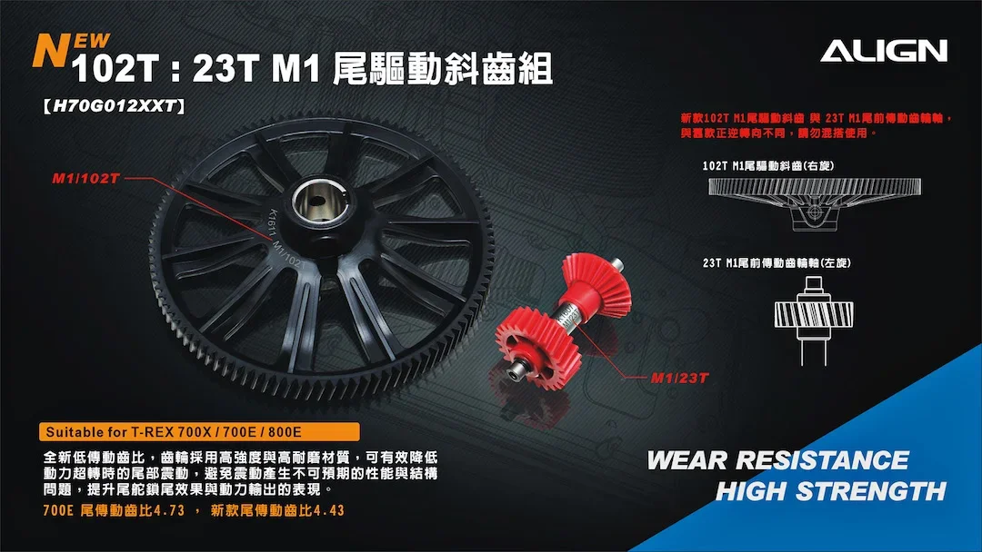 700X 102T M1 Helical Autorotation 23T Tail Drive Gear Set H70G012XXW for T-Rex 700X RC heli helicopter