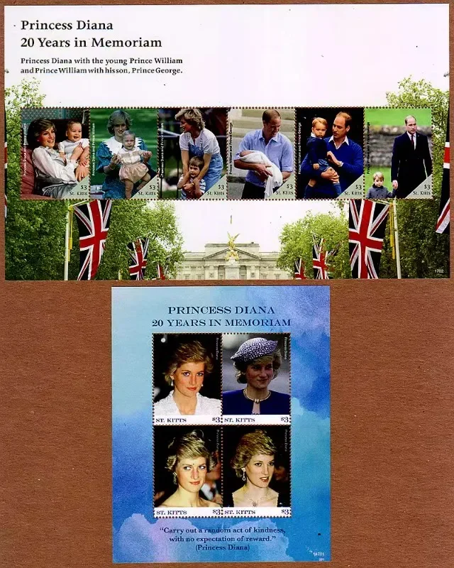 2 PCS, St. Kitts, 2017, 20th Anniversary for Princess Diana, Real Original, MNH