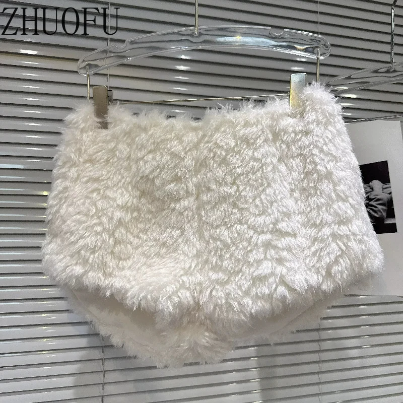Women Fuzzy Plush Shorts High Waist Faux Fur Fluffy Warm Winter Sexy Cute Cozy Y2K Soft Girl Hot Pants Khaki 2026 White New