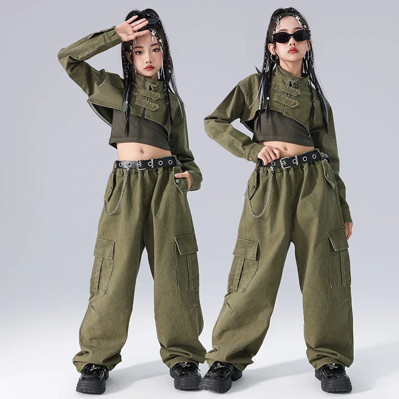 

Jazz Dance Green Suit Street Dance Clothes Girls Clothing Crop Top Long Sleeve Cargo Pants Hip-hop Catwalk Show Costumes DQL9777