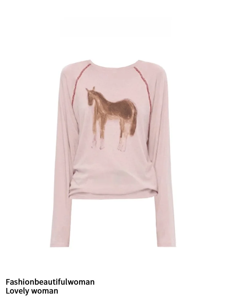 Casual Hand-Drawn Cartoon Print Long Sleeve Loose Women's T-shirt Shoulder Insert Design Comfortable Loose Fit Stripe Top