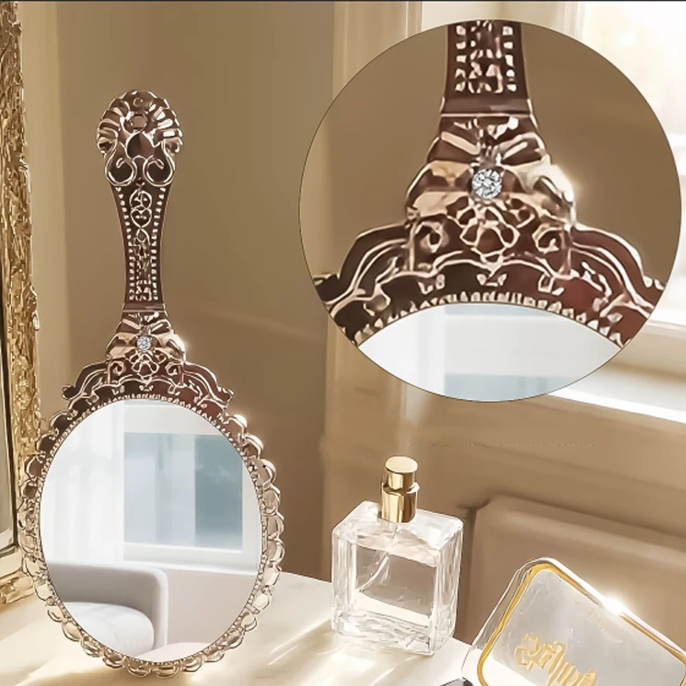 Vintage Patterned Handheld Makeup Mirror Hand Hold Oval Round Mirror Noble Restore Ancient Ways Court Mirror Beauty Tool