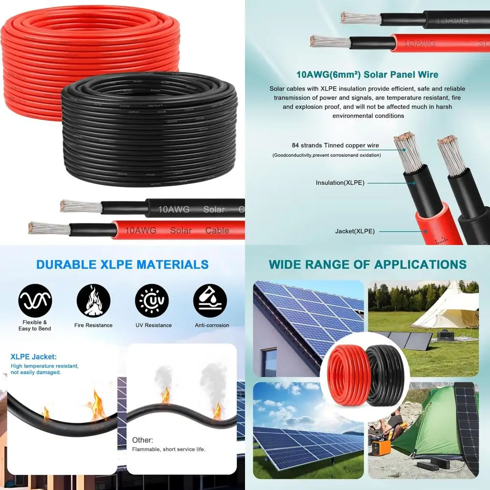 

Кабель панельный 10AWG 6мм² красно-черный, 2 шт. в упаковке, 150 футов, 84-жильный, из луженой меди, для наружных работ/солнечных систем, УФ- и огнестойкий