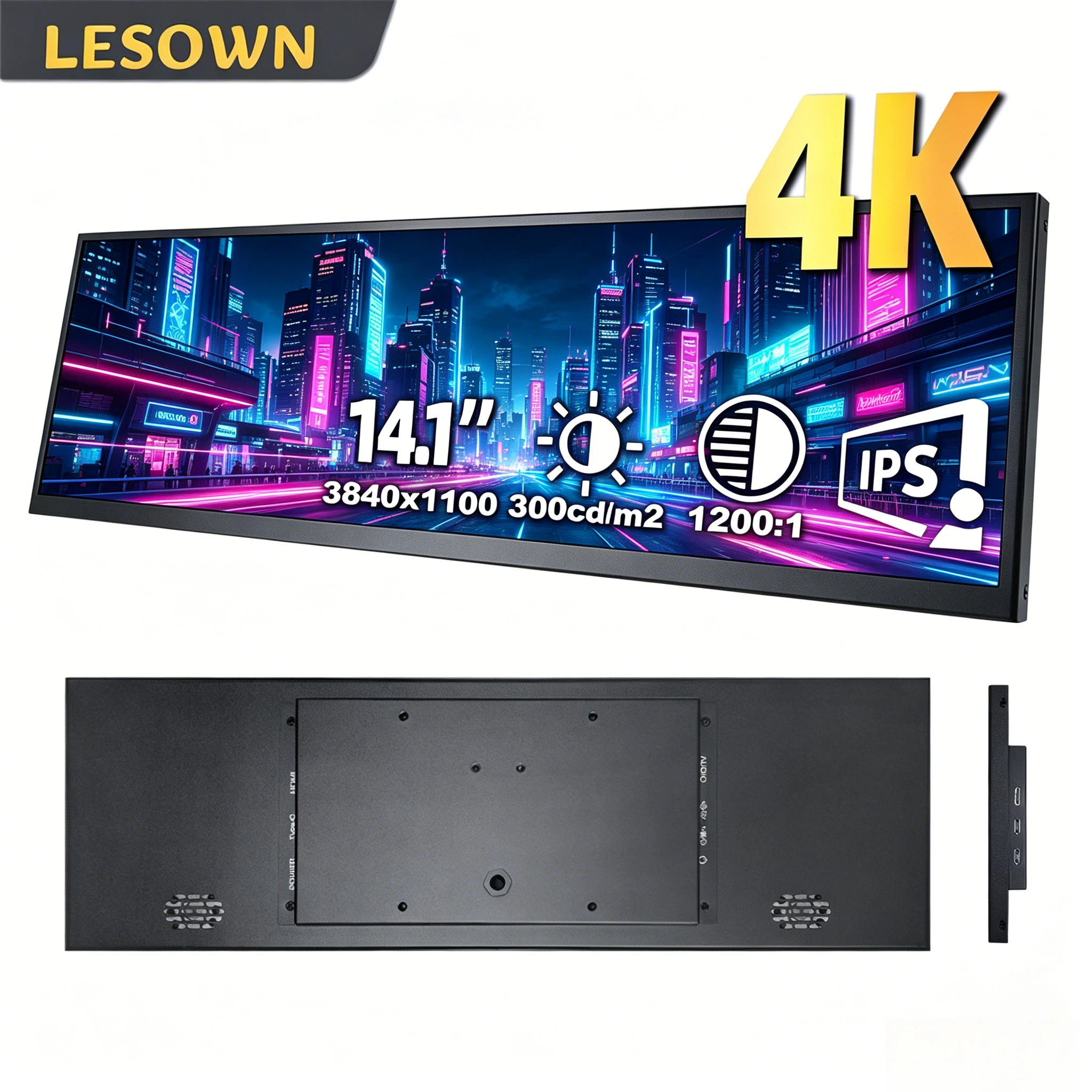 

LESOWN 14.1 Inch Ultra-HD PC Chassis Sub-screen 3840x1100 Black Metal Display for Gaming Rig Metrics