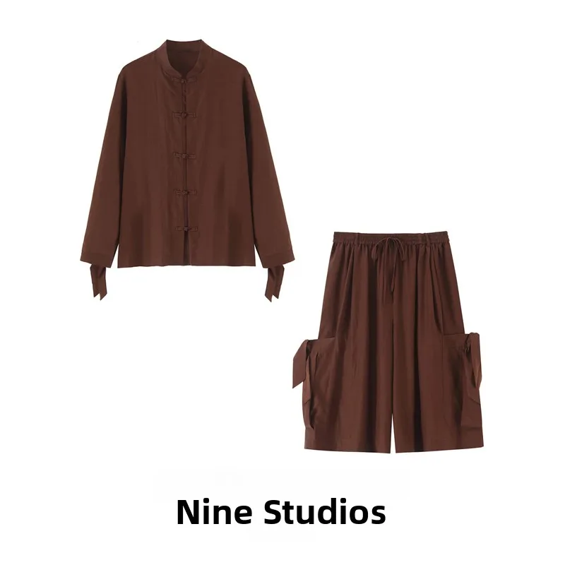 Casual Shirt  Knot Pocket Shorts Women's Fashion Set Nine Zar Long Sleeve  Knot Shirt And Casual Shorts
