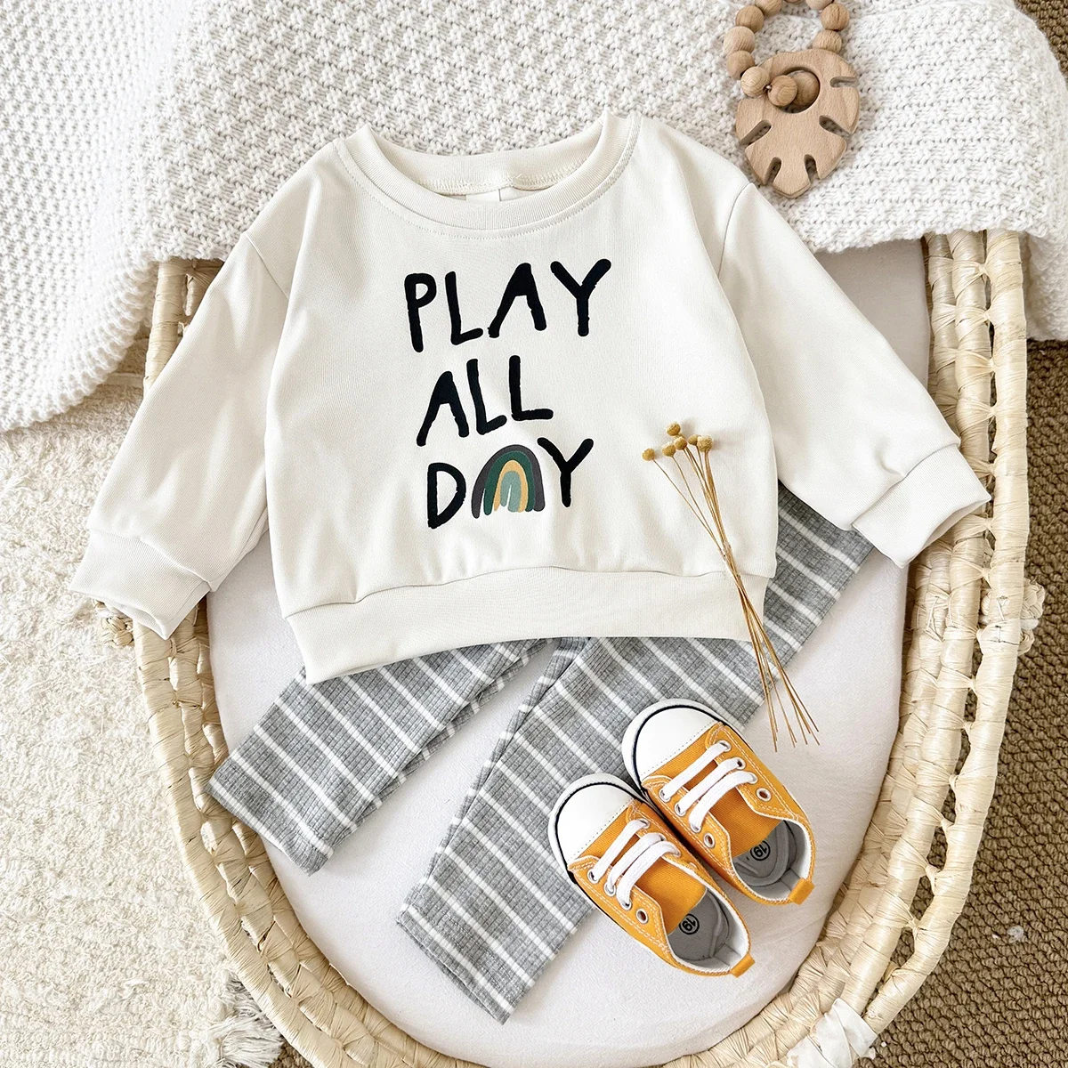 Newborn Casual 2Pcs Outfit Kids Rainbow Letter Print Sweatshirt Grey White Striped Elastic Pants Set