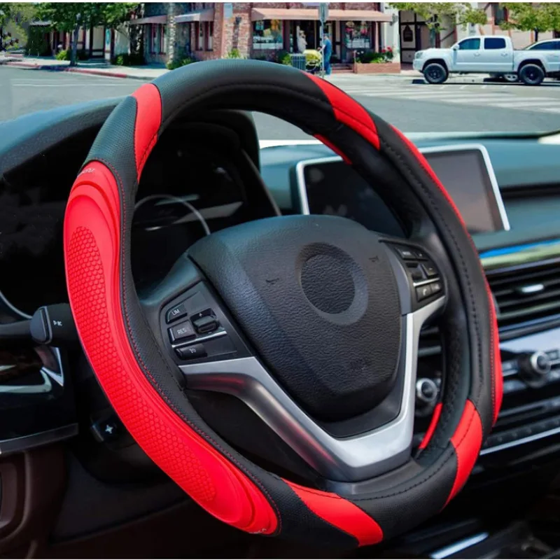 Sporty Fashionable PU Leather Car Steering Wheel Cover Universal Non‑Slip Anti‑Wear Auto Interior Accessory for All Seasons