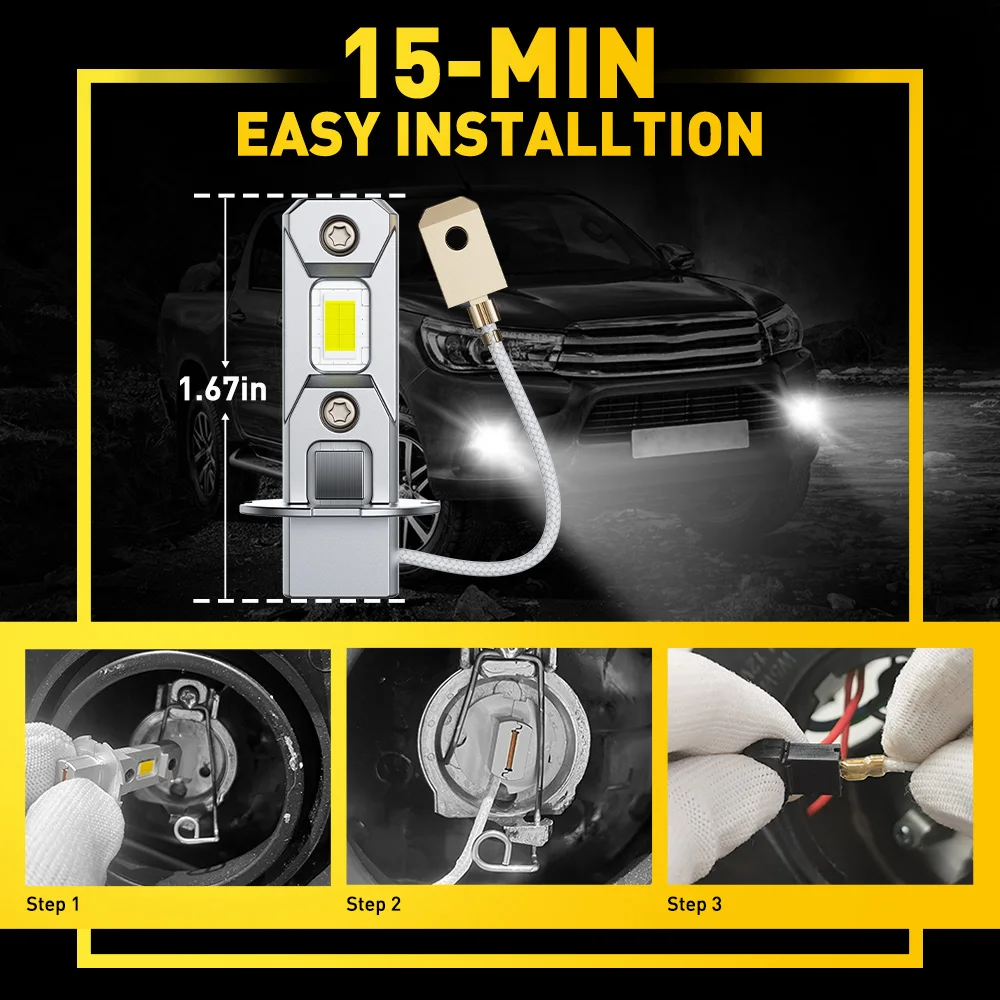 2Pcs AUXITO H3 LED Bulb Fog Lights No Fan Mini Auto Lamp DRL Daytime Running Light 1:1 Size 6500K White 3000K Yellow 12V Canbus