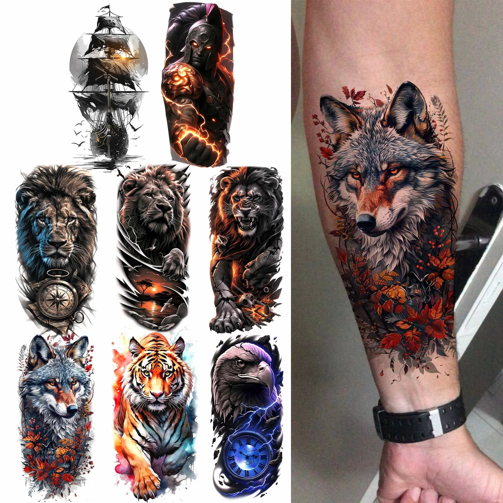 1 Sheet Watercolor Wolf Lion Pirate Ship Tiger Eagle Temporary Tattoos For Men Adults Water Transfer Fake Temp Tattoo Body Art
