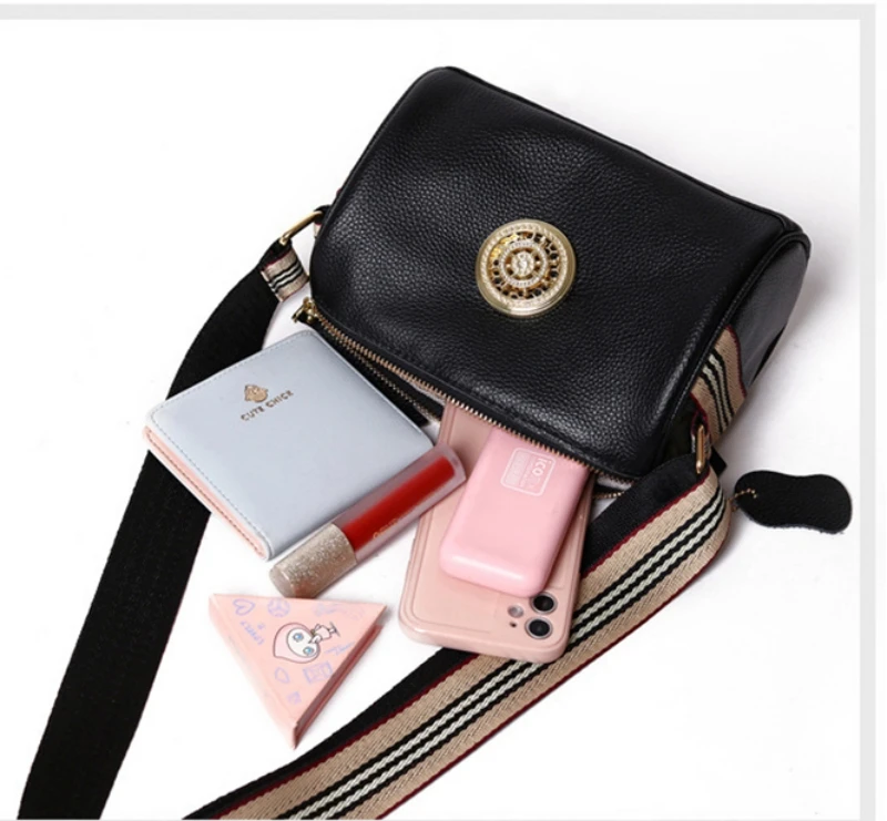 Black Leather Girls Bag Wide Shoulder Strap Crossbody Bag Fashion Shoulder Messenger Bag For Students