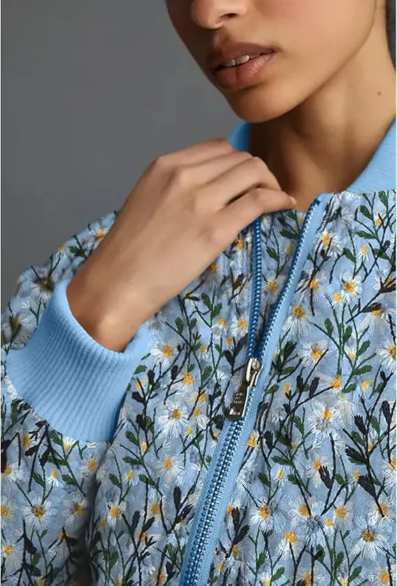 Damska krótka kurtka bomberka, bawełniana kurtka puchowa z nadrukiem stokrotek, kieszenie zapinane na zamek, styl westernowy, słodka, świeża, ciepła, wygodna, wielokolorowa.