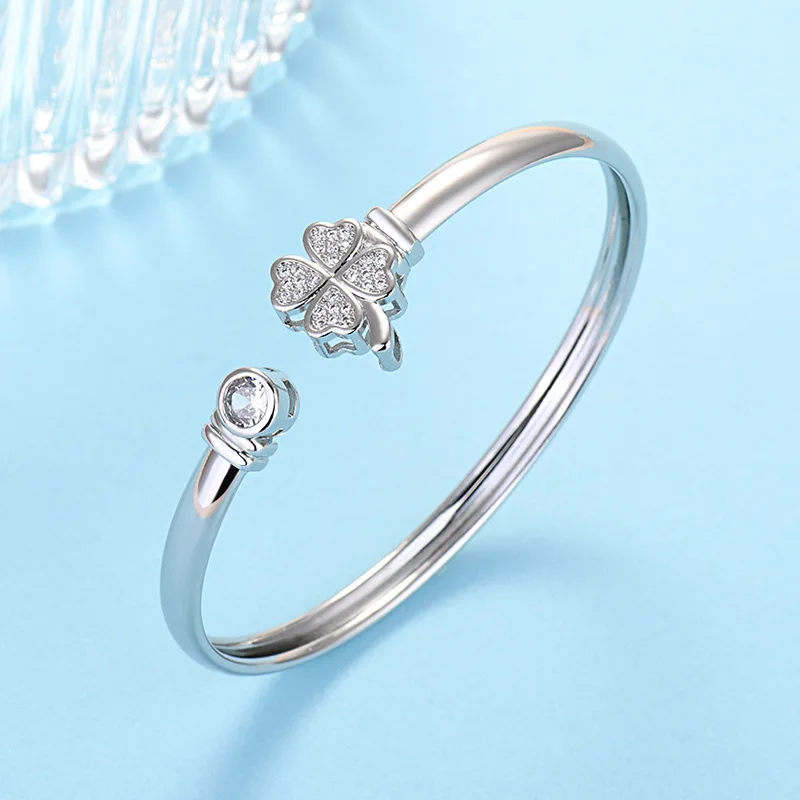 999 pure silver four leaf clover diamond inlaid open bracelet design, high-end and fashionable women's bracelet gift wholesale