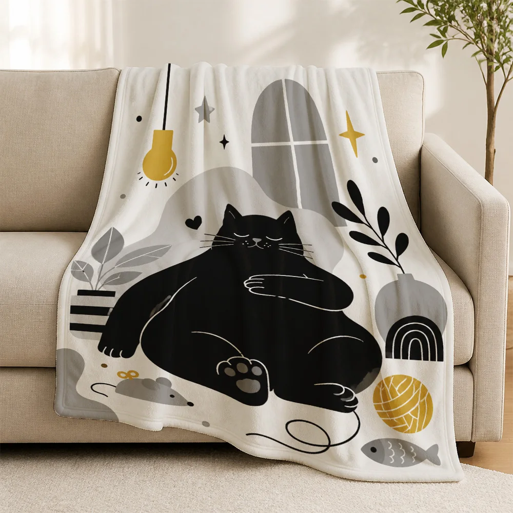 Aesthetic Cat Print Throw Blanket Throw Wrap for Living Room Boho Scandinavian Home Decor Minimalist Couch Cozy Accent Gift for
