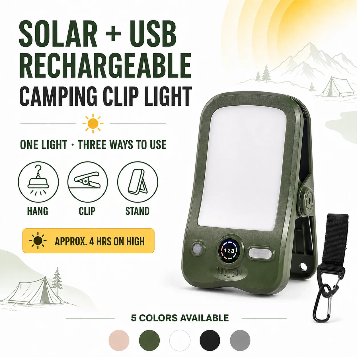 Outdoor Solar Clamp On Camping Light 2000mAh Type C Rechargeable LED Wall Lamp Digital Display 3 Lighting Modes Water Resistant