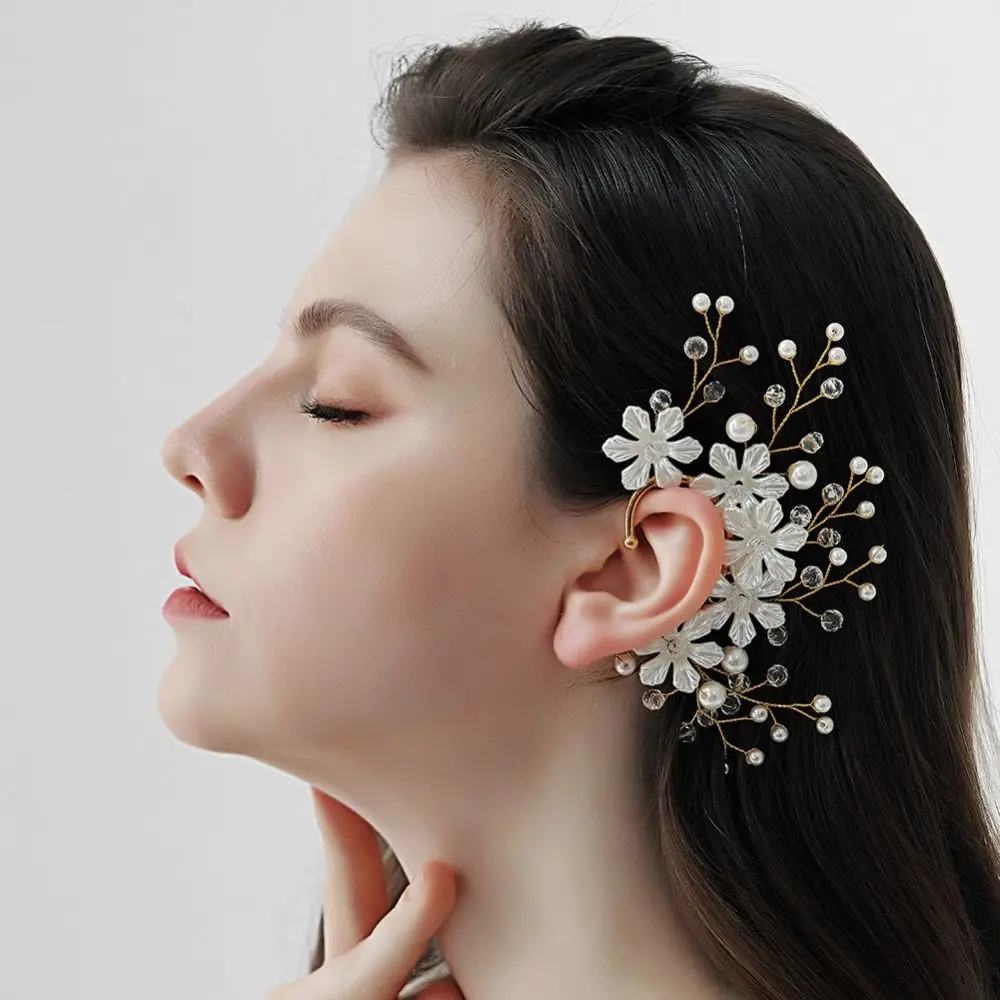 Pendientes de novia elegantes Mori Floral, abrazadera de hueso de oreja, colgante de oreja hecho a mano, elegante perla, abrazadera de oreja de taladro de Rin para mujeres y niñas